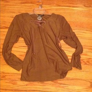 Lace up  V Neck Coffee Brown  Top SZ L